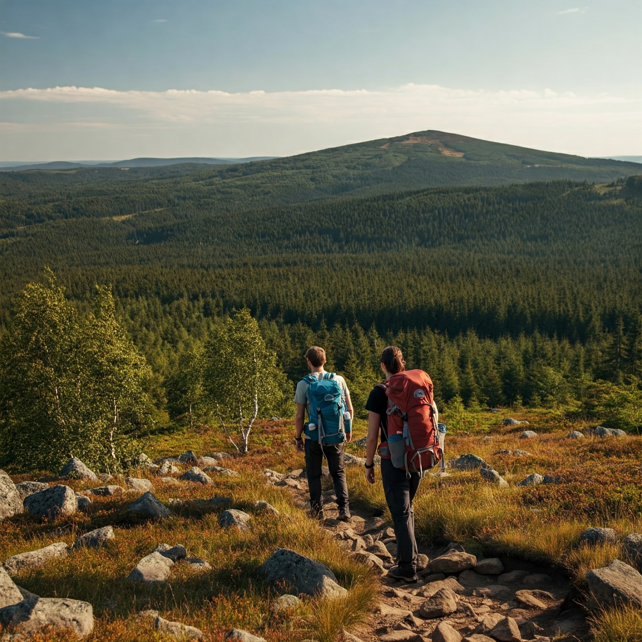 Two hikers with backpacks pause on a rocky trail, gazing out at a breathtaking panorama of rolling hills and lush forests.